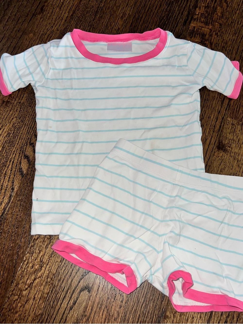 Kids White & Light Blue Striped Pajama Set with Pink Trim